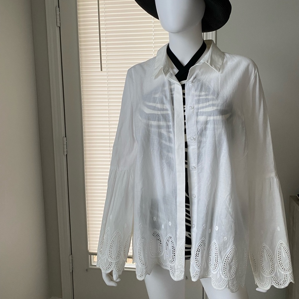 A New Day White Blouse/Cover Up, Bell Sleeves, Floral Eyelets Women L